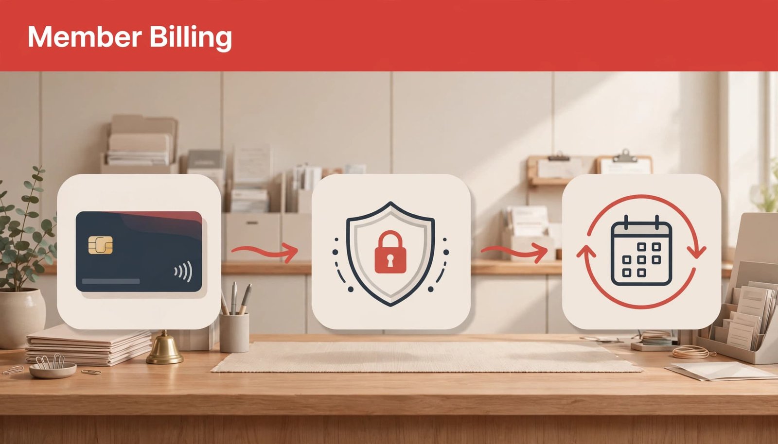 A graphic depicting the member billing flow with icons for a card, security shield, and calendar on a desk.