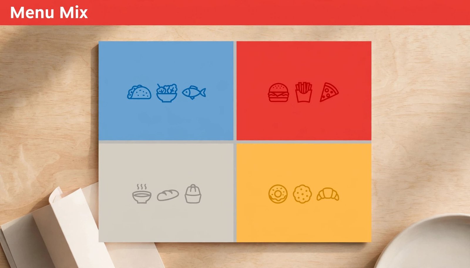 A four-quadrant menu mix matrix illustration on a wooden table with the headline Menu Mix.