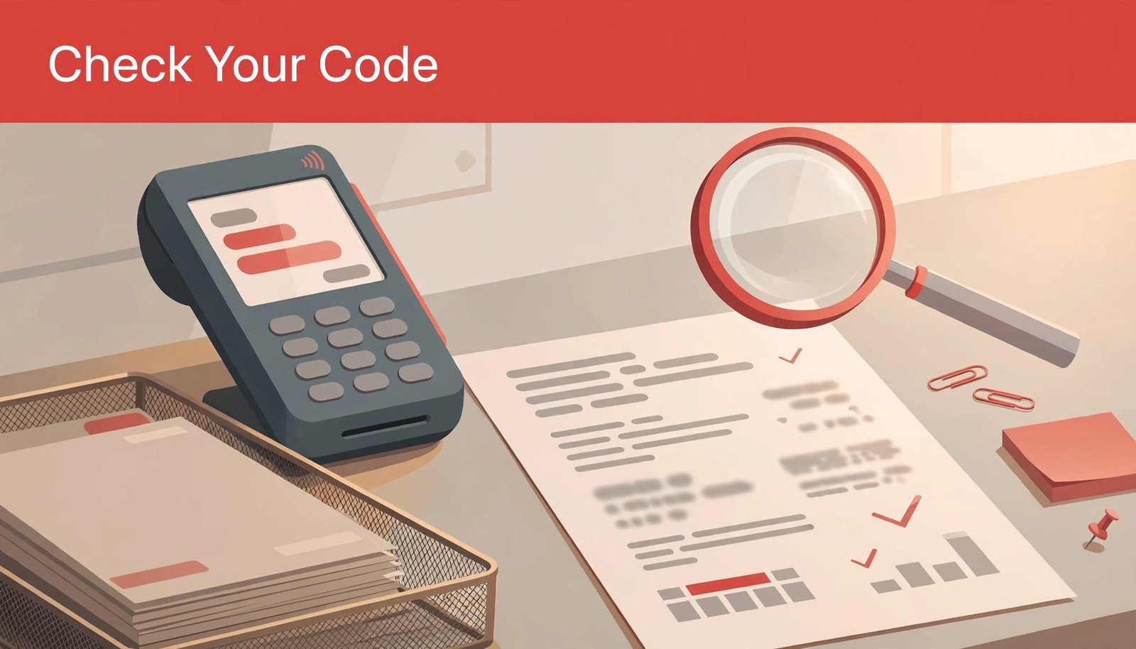 An illustration with headline Check Your Code showing a payment terminal, statement, and magnifying glass.