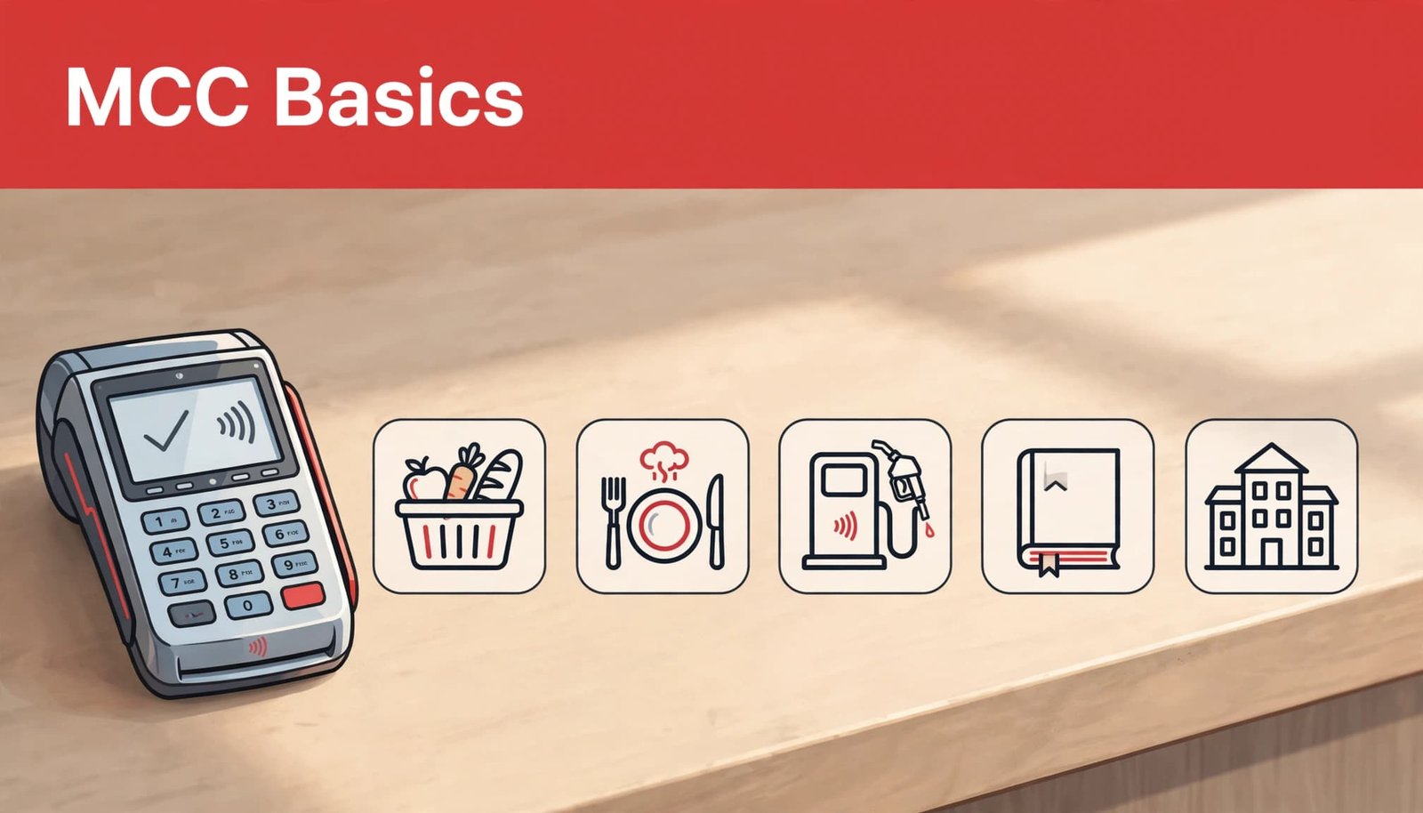 An illustrated payment terminal and five merchant category pictograms with a red top banner reading MCC Basics.