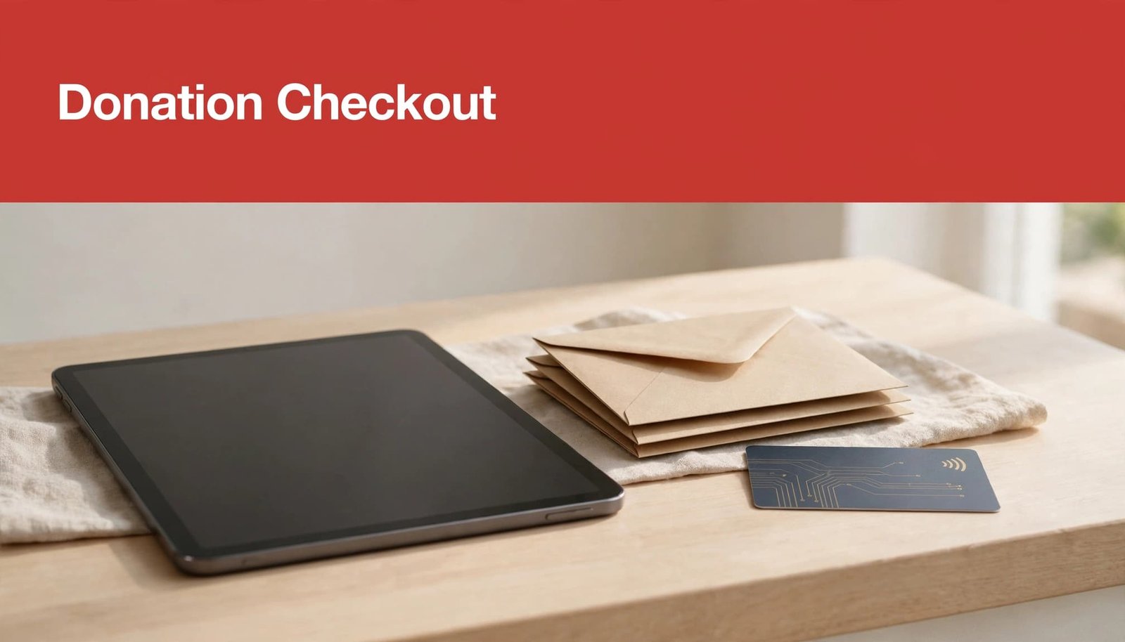 A tablet, stack of envelopes, and contactless card on a wooden table with a 'Donation Checkout' red strip above.
