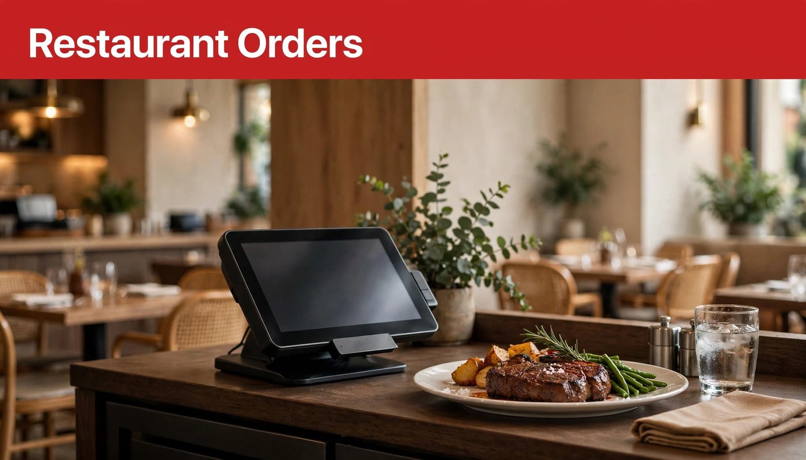Red banner reading Restaurant Orders above a POS terminal, plated steak, and a glass of water on a counter.
