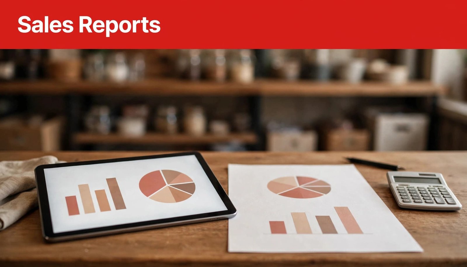 A red header with the text Sales Reports above a desk with a tablet, report, and calculator.