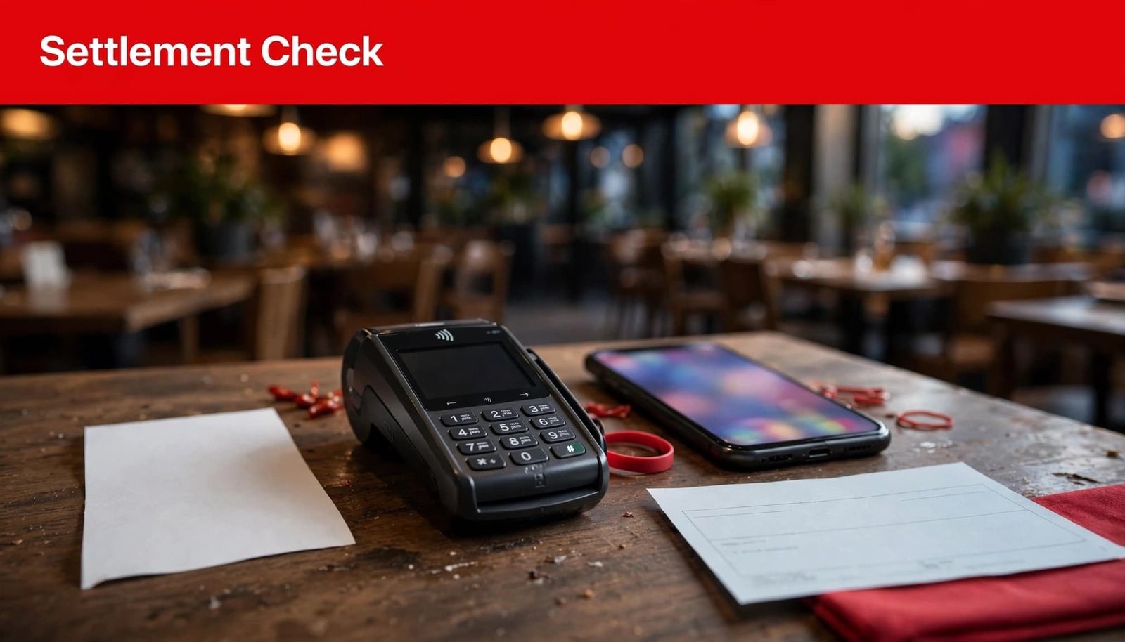 A receipt, card terminal, phone, and deposit slip rest on a restaurant counter.
