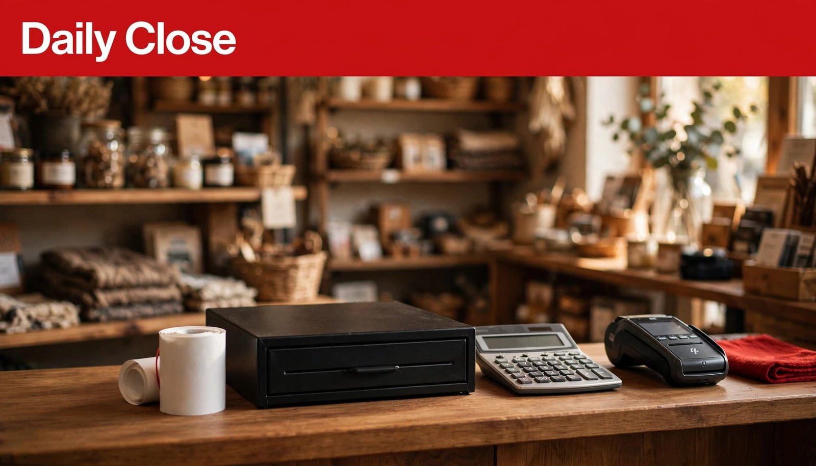 A receipt roll, cash drawer, calculator, and card terminal arranged on a shop counter.