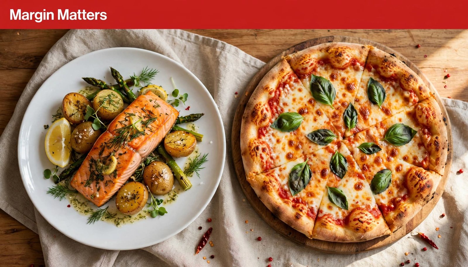 A pan-seared salmon entree next to a sliced margherita pizza on a wooden table with a red Margin Matters header.
