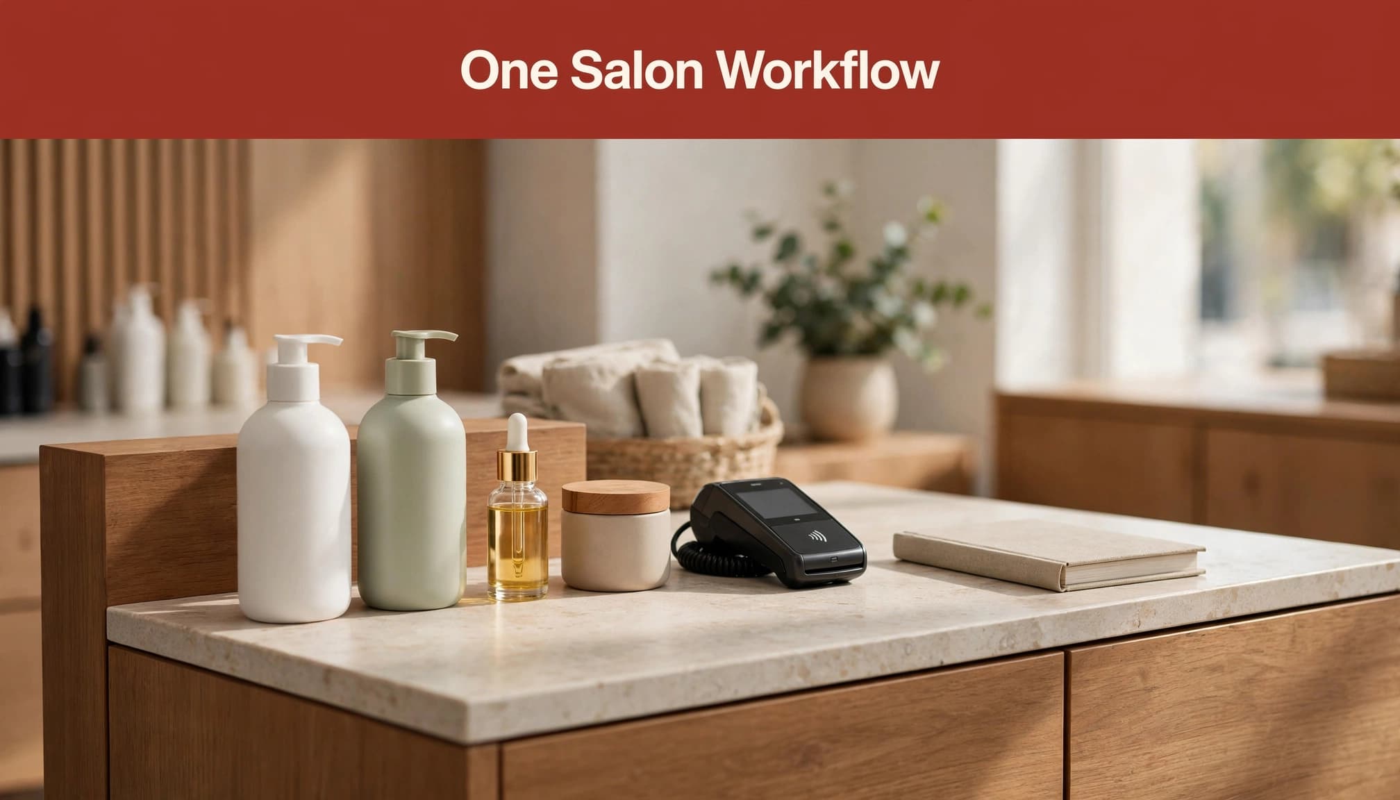 A salon counter displays a payment terminal, hair products, and an appointment book.