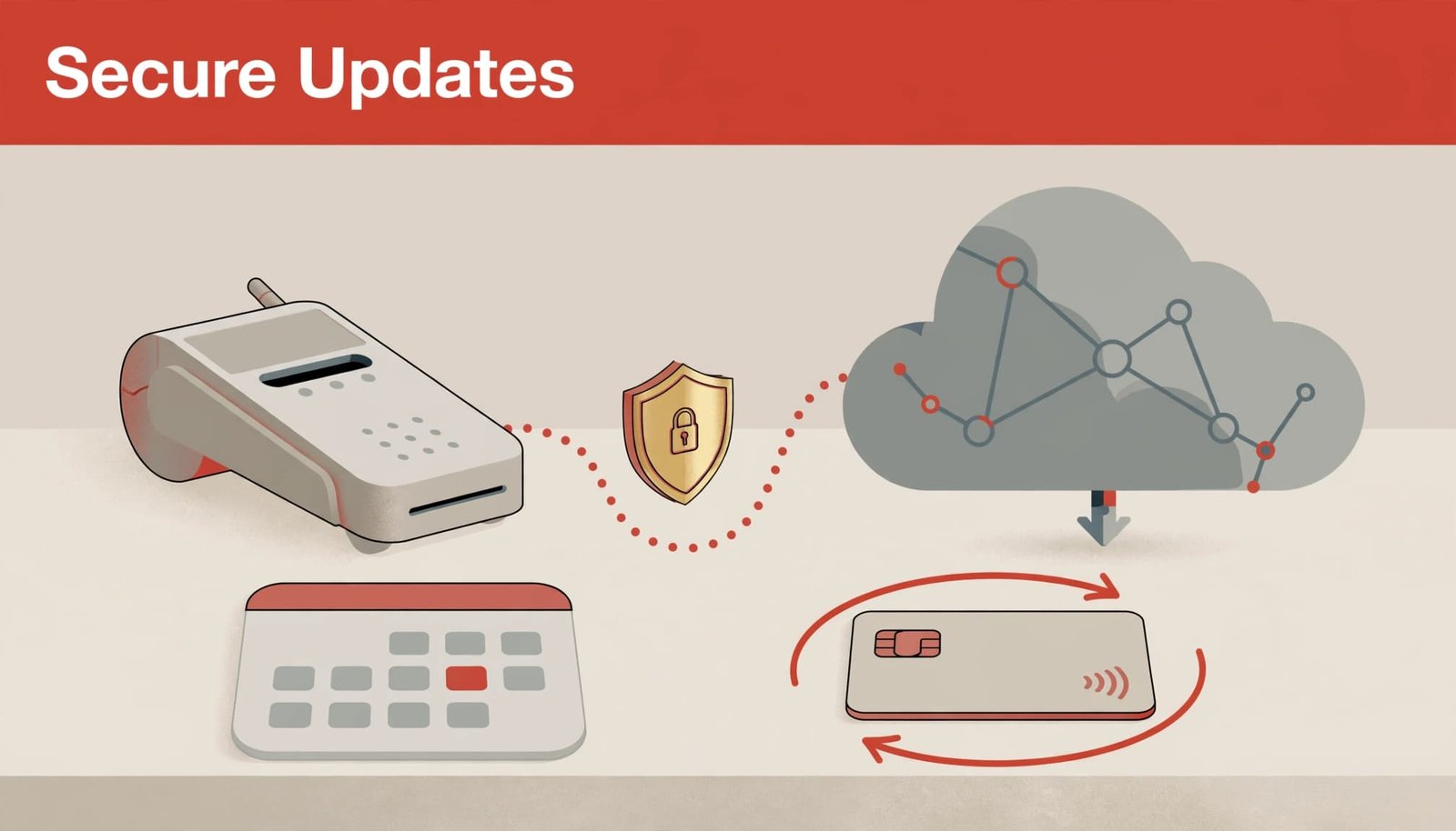 Illustration with headline Secure Updates showing a payment terminal, a shield, a cloud, a calendar, and a credit card.