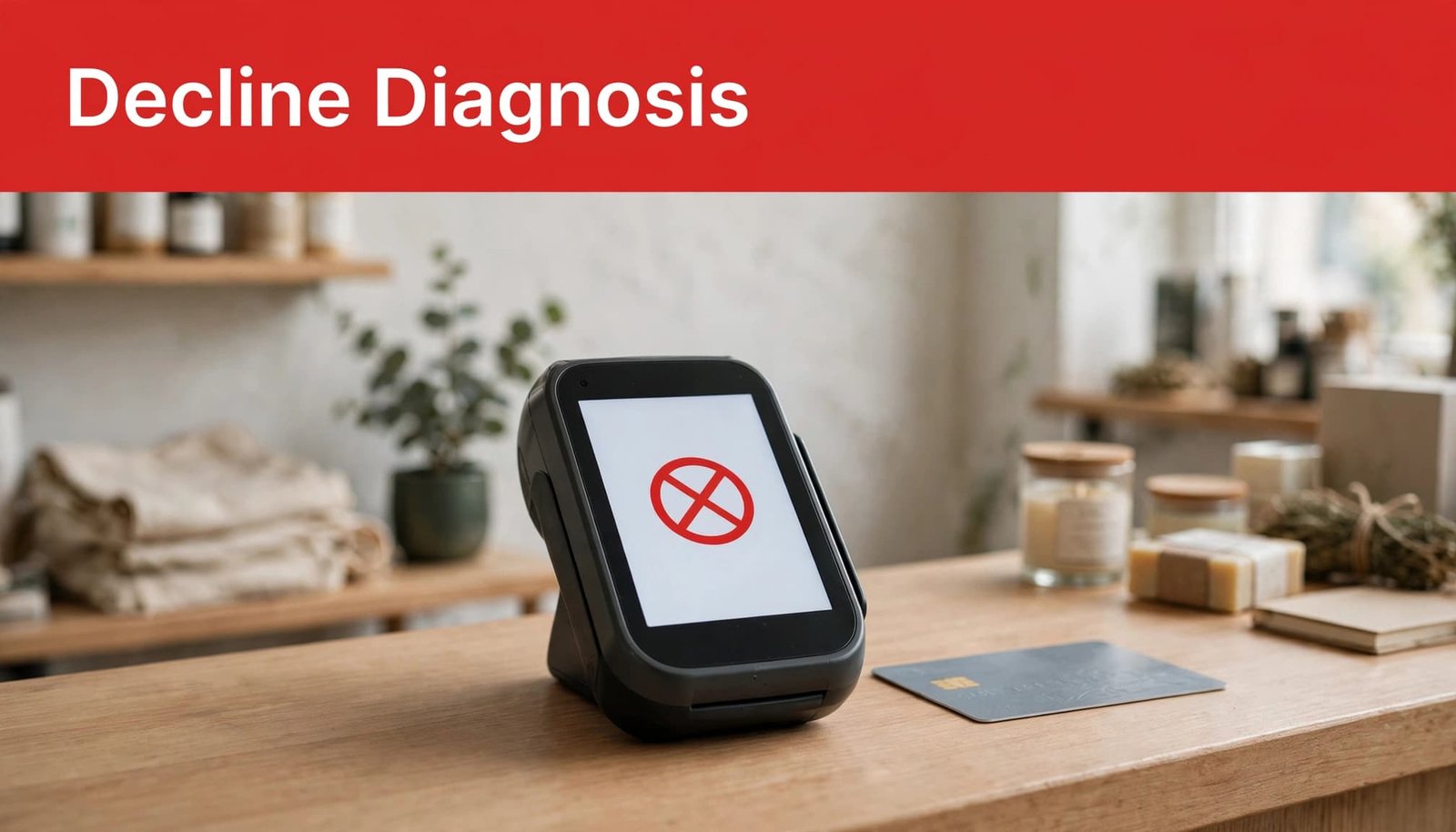 A payment terminal with a red decline symbol sits on a wooden counter below a red headline reading Decline Diagnosis.