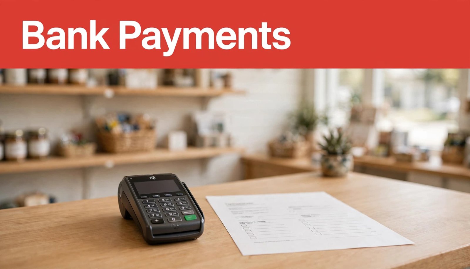 A payment terminal and bank transfer form sit on a shop counter.