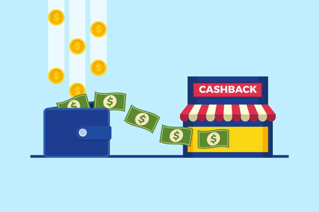 A cartoon of cash back is flying into the sky.